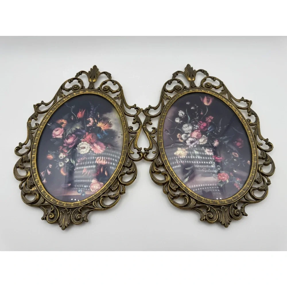 Vintage Italy Brass Ornate Floral Print Oval Frames Convex Glass Set of 2